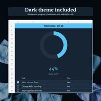 Cleaning schedule spreadsheet Dark theme Wednesday view with a 44% daily ring, Done 4 of 9, checkboxes, one crossed out task and wide Who cells.