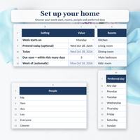 Cleaning schedule spreadsheet Setup views showing Monday week start, pretend today Wed Oct 28, 2026, rooms, six household people and preferred days.