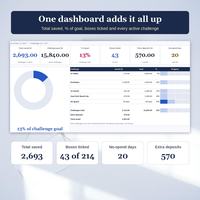 Savings challenge tracker dashboard showing total saved 2,693.00 including 570.00 extras, challenge goal 15,840.00, 13% from challenges only, 43 of 214 boxes ticked and each active challenge.