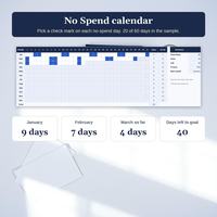 Savings challenge tracker No Spend calendar with blue check marks for 20 of 60 no-spend days across January to March