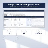 Savings challenge tracker Setup tab where each challenge is turned on or off with a mode, an amount and an automatic goal