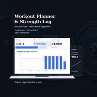 Workout planner spreadsheet with a Light Dashboard on a laptop and a Dark Progress chart on a phone, showing three of four workouts and five weeks in the streak.