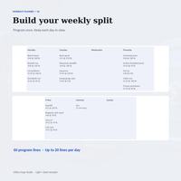 Workout planner spreadsheet Program week view showing Monday Upper A, Tuesday Lower A, Thursday Upper B, Friday Lower B and a Saturday cardio entry.