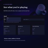 Gaming tracker spreadsheet Shelf in the dark theme filtered to Playing, with title cards for Starfall Odyssey, Pixel Harvest and Neon Drift Racing.