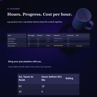 Gaming tracker spreadsheet Library details showing progress bars, total hours and cost per hour, including Starfall Odyssey at 77.5 percent progress.
