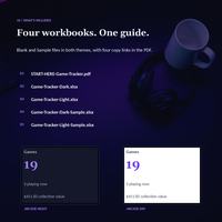 Gaming tracker spreadsheet download contents listing four blank and sample workbooks in dark and light themes plus the Start Here PDF with copy links.