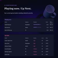 Gaming tracker spreadsheet Dashboard showing Playing now and the Up Next queue, with Ember Valley Farm first among the high priority backlog games.