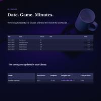Gaming tracker spreadsheet Play Log with date, game and minutes input cells, showing a new 90 minute Starfall Odyssey session ready to record.