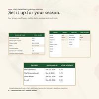 Christmas card list spreadsheet Setup with a 2026 season, 2022 history start, editable groups and card types, plus example mailing dates and postage values.