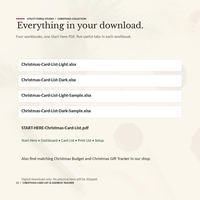 Christmas card list spreadsheet download contents showing four Light and Dark XLSX filenames, the Start Here PDF and five tab names, with matching planner text.