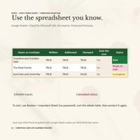 Christmas card list spreadsheet Card List showing editable TRUE and FALSE stage inputs beside calculated Sent and In progress statuses, with compatibility and sorting notes.
