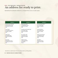 Christmas card list spreadsheet Print List with alphabetical fictional household addresses in three columns on white paper, beginning with Aunt Dee and Uncle Ray.