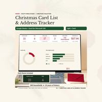 Christmas card list spreadsheet in the light theme on a laptop with 21 cards to send and a progress ring, beside cream envelopes and a dark theme preview.
