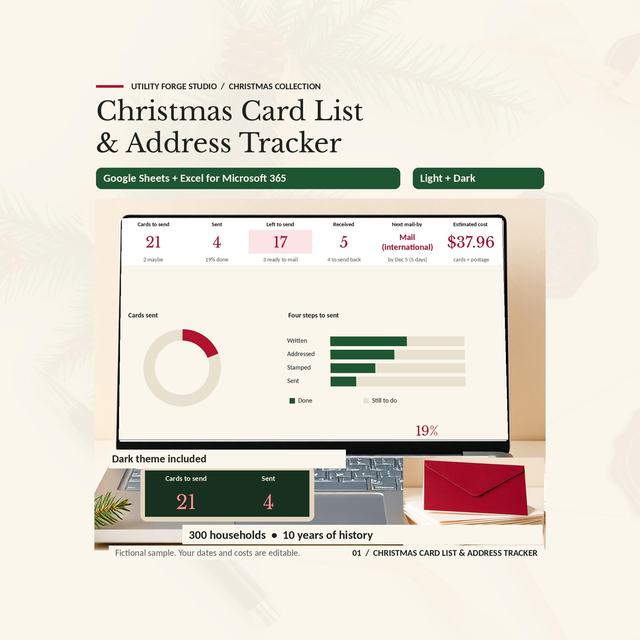 Christmas card list spreadsheet in the light theme on a laptop with 21 cards to send and a progress ring, beside cream envelopes and a dark theme preview.