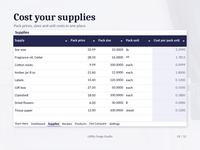 Pricing calculator supplies table showing pack prices, sizes, units and calculated cost per pack unit.