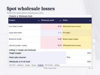 Products shows wholesale profit and status for all four sample products. Cedar Candle and Gift Set are flagged Wholesale loses money, Botanical Candle is Below target margin, and Cedar Wax Melts is On target. Settings shows a 35% target margin and wholesale at 50% of retail.