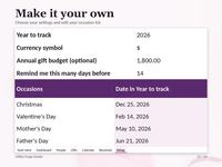 Setup tab closeups show year 2026, currency $, annual budget 1,800.00 and advance reminder setting 14. An occasion table shows calculated 2026 dates for Christmas, Valentine’s Day, Mother’s Day and Father’s Day.