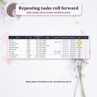 Life planner spreadsheet Tasks tab where repeating weekly and monthly tasks show a current date, next date and a This week or Later status.