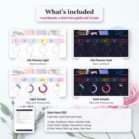Life planner spreadsheet files included: light and dark blank workbooks, light and dark sample workbooks and a Start Here PDF guide.