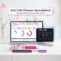 Life planner spreadsheet dashboard in the light theme on a laptop with tasks due, habit rings, budget used and savings, and the dark theme on a tablet beside it.