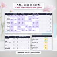 Life planner spreadsheet Habits tab with a daily tick grid of 10 habit columns, current and best streaks, and a month by month percentage grid.