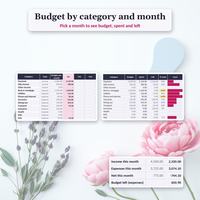 Life planner spreadsheet Budget tab with categories by month, the selected month with budget, spent, left and bars, and monthly totals.
