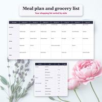 Life planner spreadsheet Meals tab with a weekly meal grid and a shopping list grouped by aisle with bought items struck through.