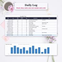 Life planner spreadsheet Daily Log with mood, sleep hours, water, pages read and gratitude notes, shown with the Dashboard mood chart for the last 14 days.