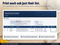 By Trade view on white paper on a plywood bench under the headline Print each sub just their list: Okafor Electric picked from the outlined dropdown, contact and job lines, open items 4 and overdue 1, and four open items soonest due first with the si