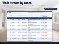 By Room tab over a bright, newly finished great room under the headline Walk it room by room: every item not yet verified in room order for All rooms, 39 items listed and 6 overdue, with trade, responsible party, description, photo link, due date, st