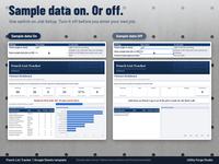 Sample data switch on a concrete wall under the headline Sample data on. Or off: on the left, Job Setup with Show sample data On above a filled Closeout Dashboard; on the right, Show sample data Off above an empty Dashboard ready for your own job.