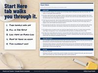 Start Here tab on a plywood workbench under the headline Start Here tab walks you through it: the quick start, two ways to use it and the tabs list, beside a handwritten five-step list: turn sample data off, fill in Job Setup, log items on Punch Log,