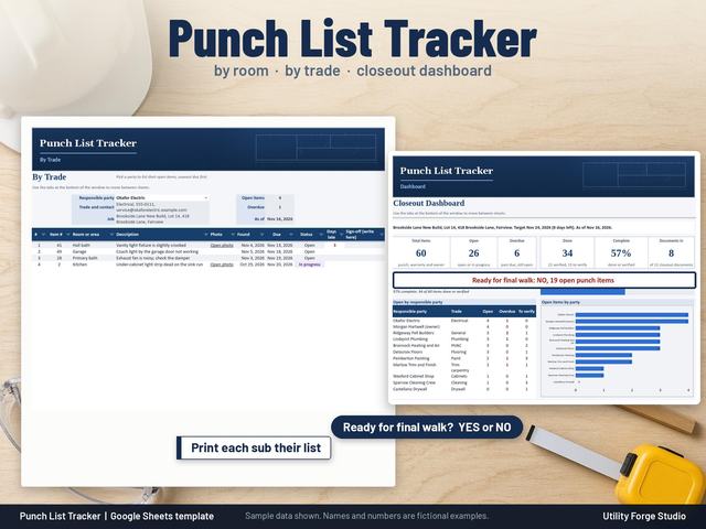 Punch List Tracker headline with the line by room, by trade, closeout dashboard over a plywood workbench with a hard hat, safety glasses and a tape measure; a printed By Trade page for Okafor Electric with four open items sits beside the Closeout Das