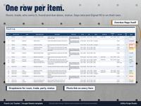 Punch Log tab on a concrete wall under the headline One row per item: item number, room, trade, responsible party, description, photo link, found and due dates, status, verified by, item type, days late and a Signal column. The two Overdue cells are