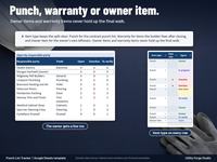 Item types explained on a navy steel desk under the headline Punch, warranty or owner item: the Start Here step that defines Punch, Warranty and Owner item, the Dashboard open by responsible party table with the Morgan Hartwell (owner) row outlined,