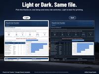 Light and Dark themes at blue hour over a house under construction under the headline Light or Dark. Same file: the same Closeout Dashboard in the Light theme on the left and the Dark theme on the right, each above its Job Setup theme setting.