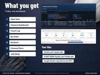 What you get on a navy steel desk: seven numbered tabs (Start Here, Closeout Dashboard, Punch Log, By Trade, By Room, Closeout Docs, Job Setup), the By Trade view in the Dark theme, the Dashboard tiles in the Light theme, and file labels for Punch-Li
