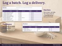Batches tab logging 10 sample batches with date, product, qty made, lot note and material cost, and Purchases tab logging 4 sample material deliveries that raise on hand.