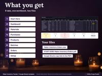 What you get: 8 tabs (Start Here, Dashboard, Materials, Purchases, Products, Batches, Orders, Setup), the Materials tab in Dark mode, the dashboard tiles, and the files Maker-Inventory-Orders.xlsx, START-HERE-Maker-Inventory-Orders.pdf and a Google Sheets copy link in the PDF.