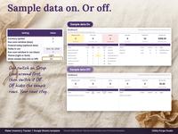 Show sample data switch on the Setup tab, with the dashboard filled with sample candle studio data when On and blank with zeros when Off.
