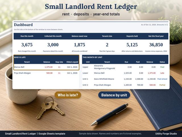 Small Landlord Rent Ledger Google Sheets template dashboard on a desk with house keys, showing sample data: due this month 3,675, collected 3,000, balance owed 1,875, 2 tenants late, deposits held 5,125, net this fiscal year 36,850, a Who is late lis