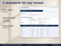 Tenant Statement tab with a printable 2026 rent statement for Marcus Bell at Maple Street Duplex, Lower, showing monthly rent charged of 1,325.00, late fees, payments and balance at month end.