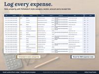 Expenses tab with Schedule E style categories such as Repairs, Insurance, Property taxes and Utilities, plus vendor, amount, receipt link and note for each sample expense.