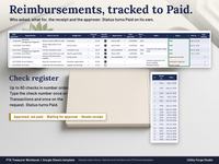 Reimbursements tab with Sample data: requests with receipt, approver, check number and a status that turns Paid, next to a check register in number order.