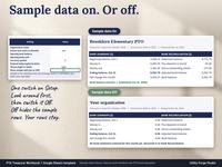 Setup switch for Sample data On or Off, with the Monthly Report shown with Sample data On and blank with Sample data Off.