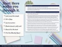 Start Here tab with Sample data on: Google Sheets copy link and a seven step first month guide, beside a six step summary.