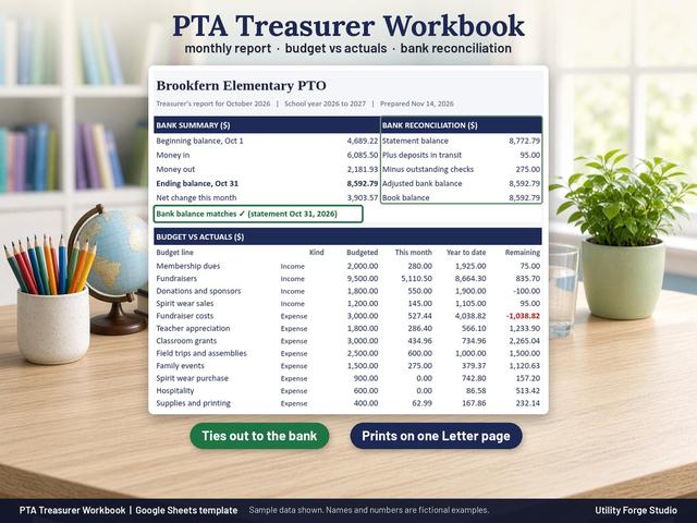 PTA Treasurer Workbook Monthly Report with Sample data: bank summary, bank reconciliation and Bank balance matches line, ready to print on one Letter page.