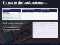 Bank Reconciliation tab with Sample data showing statement balance, deposits in transit, outstanding checks and Bank balance matches, plus how to reconcile steps.