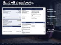 Year End Handoff tab with Sample data: balances, open items, where the records are and a handoff checklist for the next treasurer.
