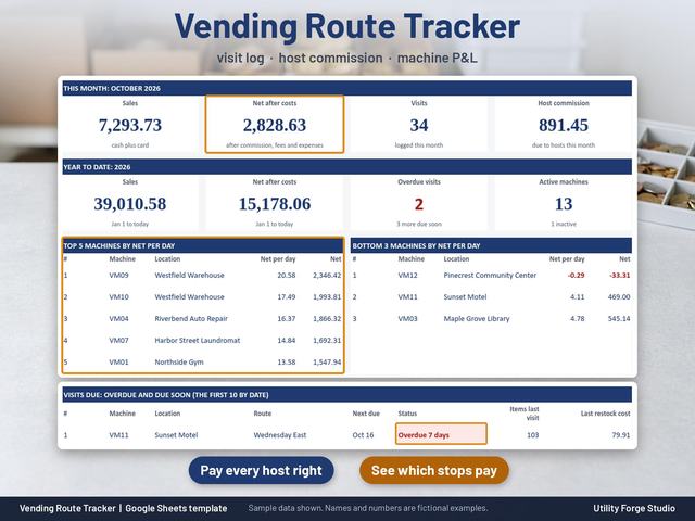 Vending Route Tracker Dashboard with Sample data: this month and year to date sales, net after costs, visits and host commission, top 5 and bottom 3 machines by net per day, and visits due.